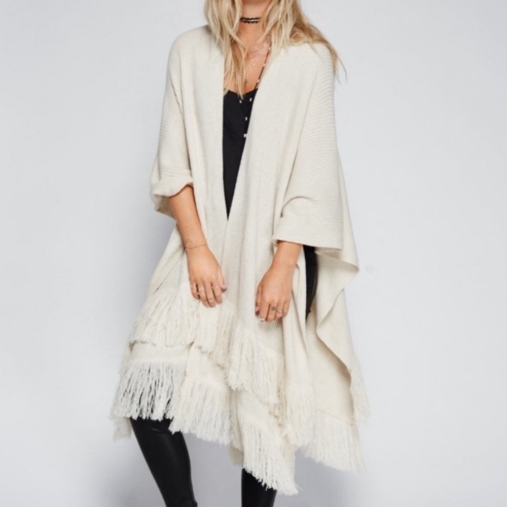 Free People Solstice Ribbed Fringe Kimono Cardigan Sweater Tan Cream One‎ Size